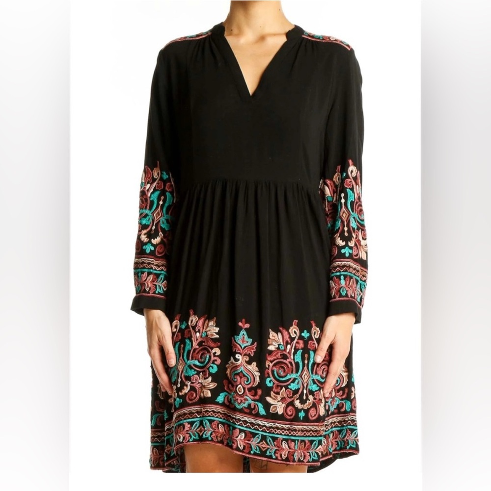 Anthropologie Floreat Avery Boho Midi Dress Embroidered Small Black Blue